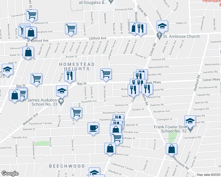 map of restaurants, bars, coffee shops, grocery stores, and more near 1100 Bay Street in Rochester