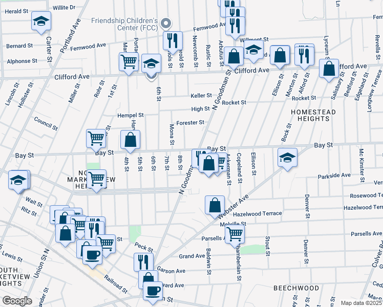 map of restaurants, bars, coffee shops, grocery stores, and more near 21 Frances Street in Rochester