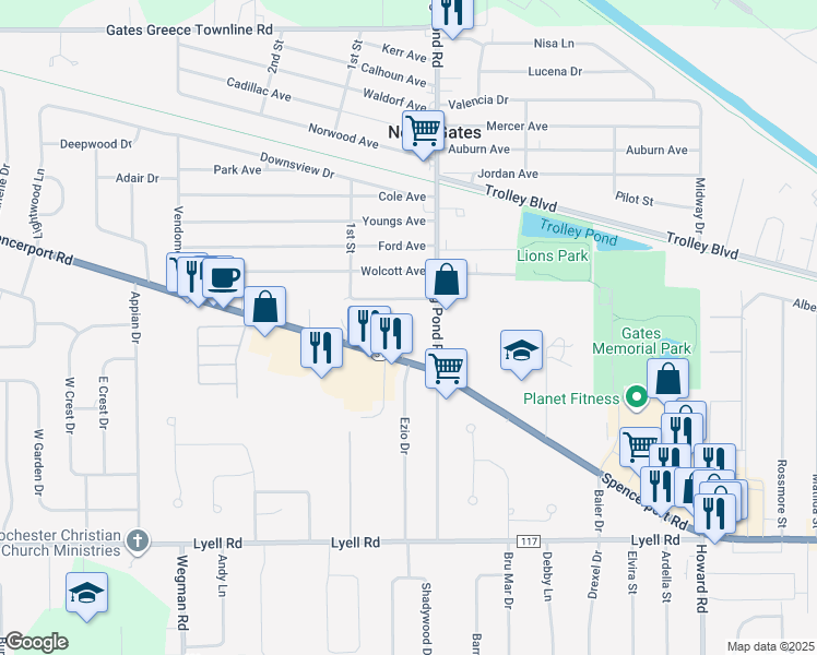 map of restaurants, bars, coffee shops, grocery stores, and more near 19 Morningstar Drive in Rochester