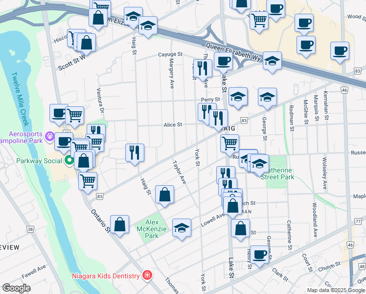 map of restaurants, bars, coffee shops, grocery stores, and more near 103 Carlton Street in St. Catharines