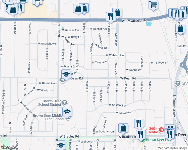 map of restaurants, bars, coffee shops, grocery stores, and more near 5322 West Donna Drive in Brown Deer