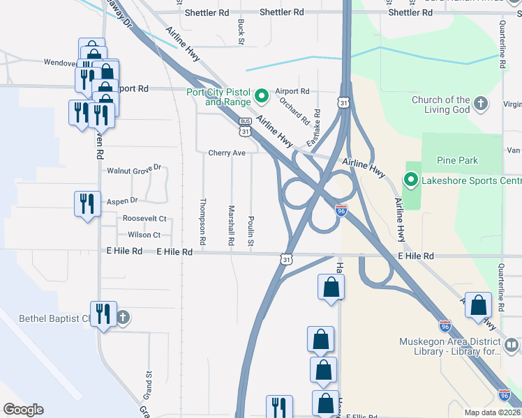 map of restaurants, bars, coffee shops, grocery stores, and more near 4470 Poulin Street in Norton Shores