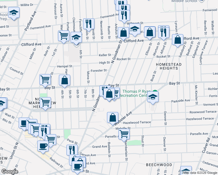 map of restaurants, bars, coffee shops, grocery stores, and more near 954 Goodman Street North in Rochester