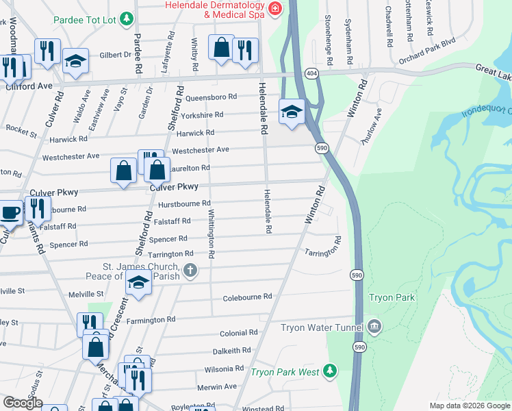 map of restaurants, bars, coffee shops, grocery stores, and more near 509 Culver Parkway in Rochester