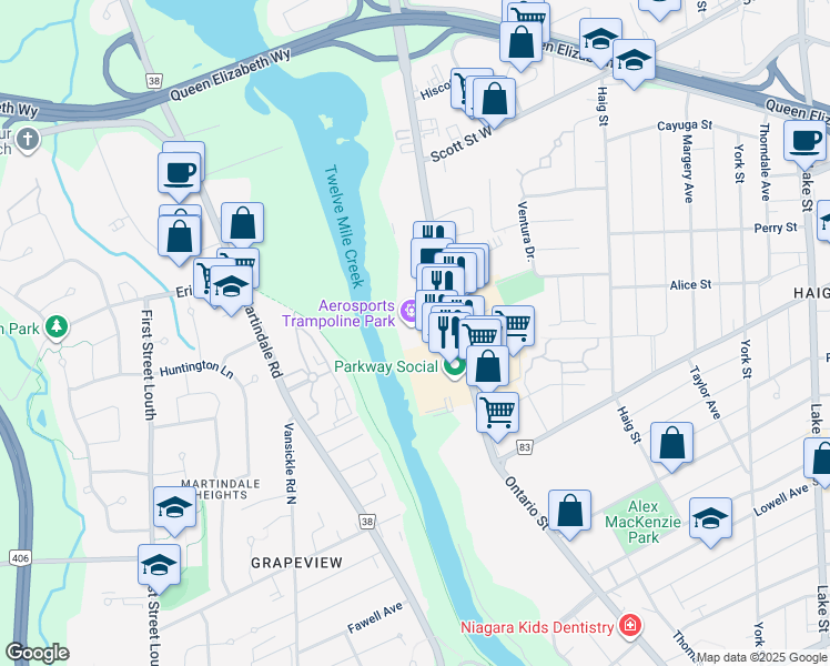 map of restaurants, bars, coffee shops, grocery stores, and more near 335 Ontario Street in St. Catharines