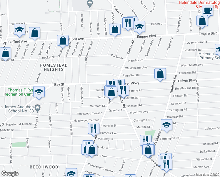 map of restaurants, bars, coffee shops, grocery stores, and more near 18 Richland Street in Rochester