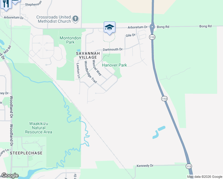 map of restaurants, bars, coffee shops, grocery stores, and more near 1257 Hanover Trail in Waunakee