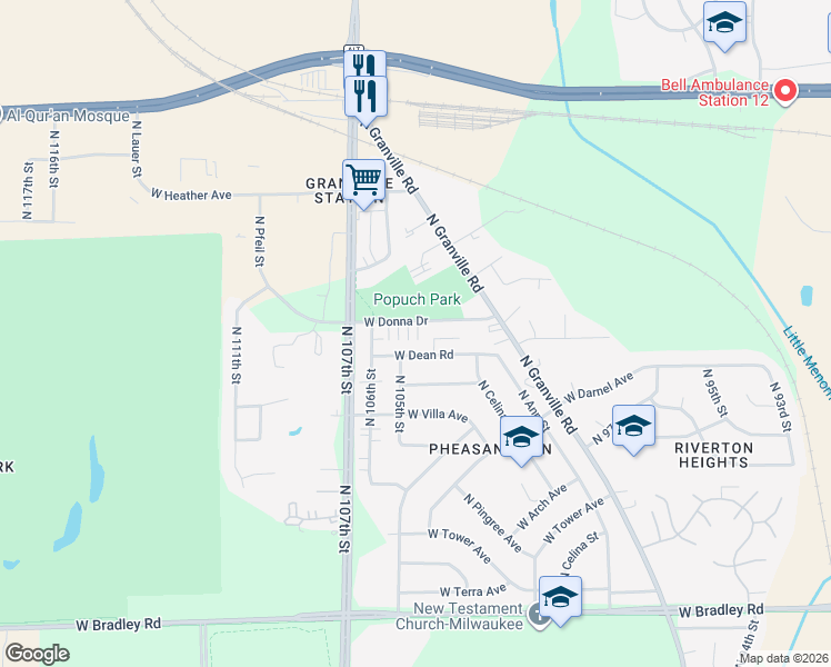 map of restaurants, bars, coffee shops, grocery stores, and more near 10517 West Donna Drive in Milwaukee