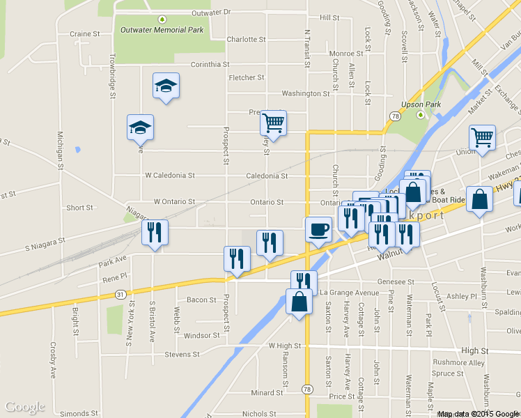 map of restaurants, bars, coffee shops, grocery stores, and more near 219 Hawley St in Lockport