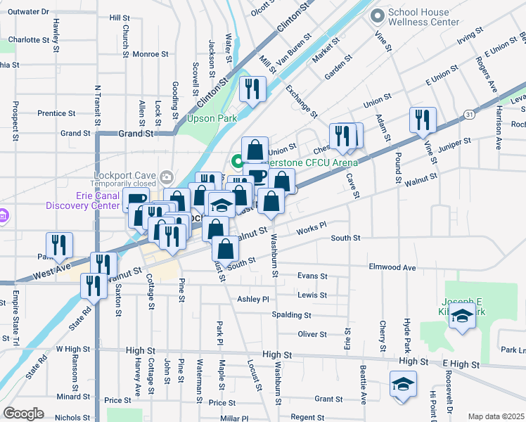 map of restaurants, bars, coffee shops, grocery stores, and more near 3 Charles Street in Lockport