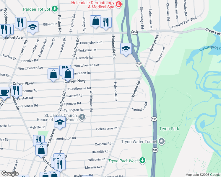 map of restaurants, bars, coffee shops, grocery stores, and more near 509 Culver Parkway in Rochester