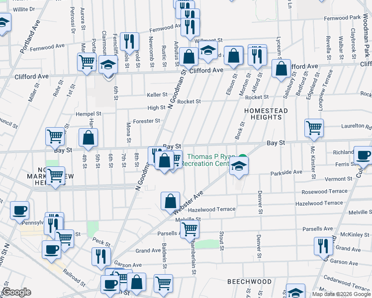 map of restaurants, bars, coffee shops, grocery stores, and more near 15 Cummings Street in Rochester