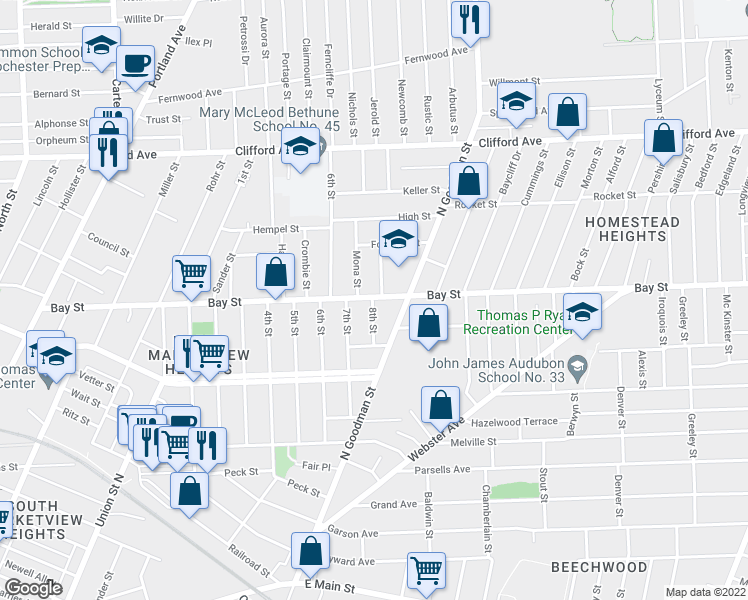 map of restaurants, bars, coffee shops, grocery stores, and more near 21 Frances Street in Rochester