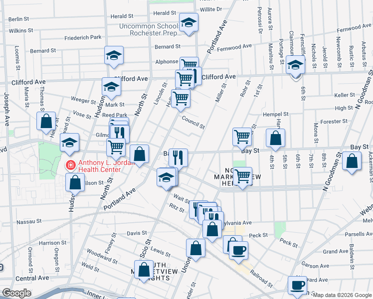 map of restaurants, bars, coffee shops, grocery stores, and more near 70 Caspar Street in Rochester