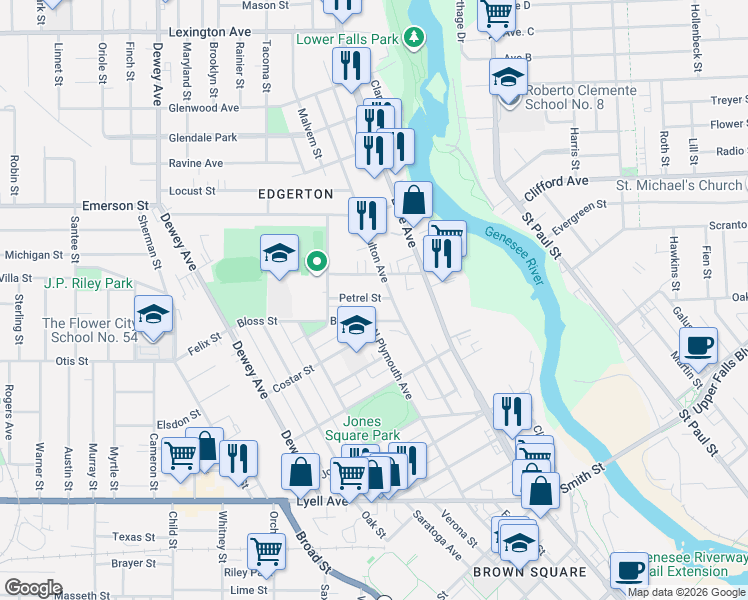 map of restaurants, bars, coffee shops, grocery stores, and more near 17 Phelps Avenue in Rochester