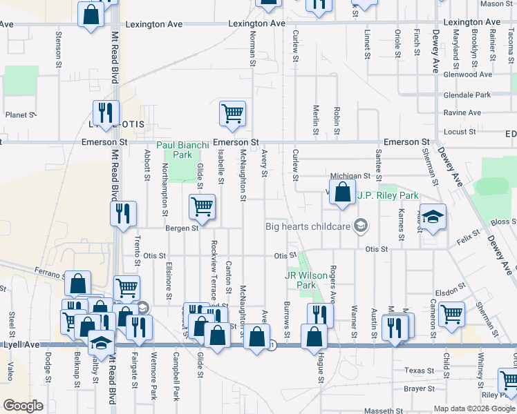 map of restaurants, bars, coffee shops, grocery stores, and more near 329 Avery Street in Rochester