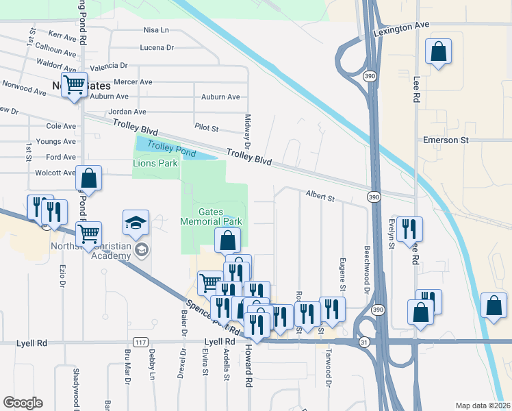 map of restaurants, bars, coffee shops, grocery stores, and more near 414 Fox Run in Rochester