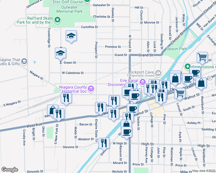 map of restaurants, bars, coffee shops, grocery stores, and more near 199 Ontario Street in Lockport