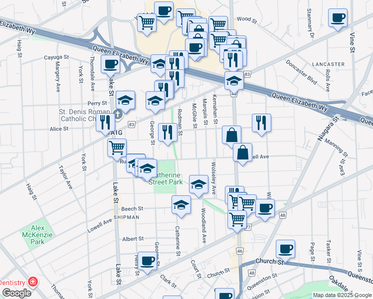 map of restaurants, bars, coffee shops, grocery stores, and more near 32 Rodman Street in St. Catharines