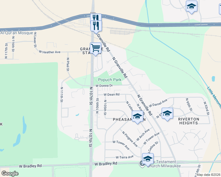 map of restaurants, bars, coffee shops, grocery stores, and more near 10417 West Donna Drive in Milwaukee