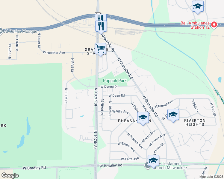 map of restaurants, bars, coffee shops, grocery stores, and more near 10517 West Donna Drive in Milwaukee