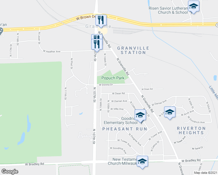 map of restaurants, bars, coffee shops, grocery stores, and more near 10525 West Donna Drive in Milwaukee