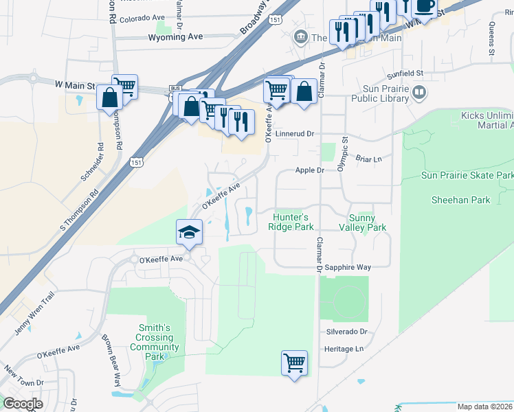 map of restaurants, bars, coffee shops, grocery stores, and more near 805 Hunters Trail in Sun Prairie