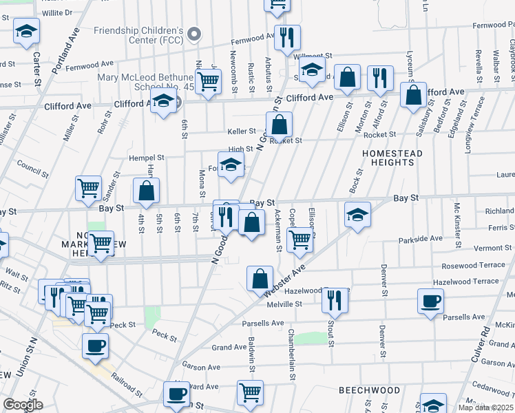 map of restaurants, bars, coffee shops, grocery stores, and more near 599 Bay Street in Rochester