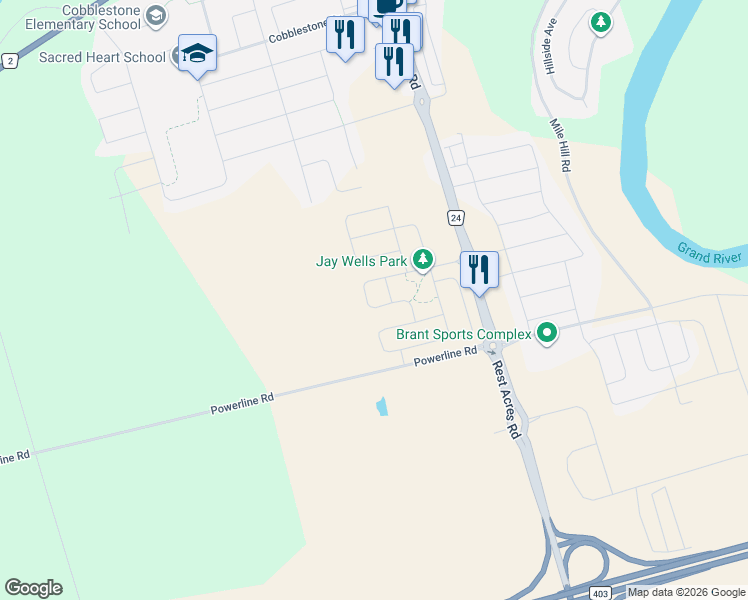 map of restaurants, bars, coffee shops, grocery stores, and more near 55 Scenic Ridge Gate in Brant