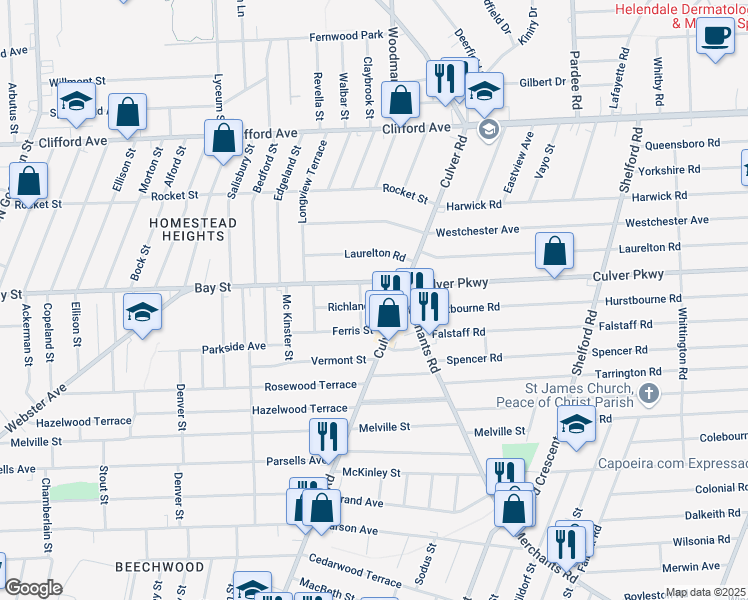 map of restaurants, bars, coffee shops, grocery stores, and more near 32 Richland Street in Rochester