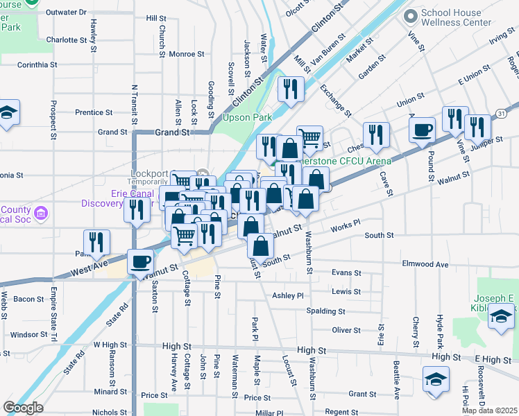 map of restaurants, bars, coffee shops, grocery stores, and more near 37 Chestnut Street in Lockport