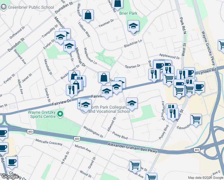 map of restaurants, bars, coffee shops, grocery stores, and more near 321 Fairview Drive in Brantford