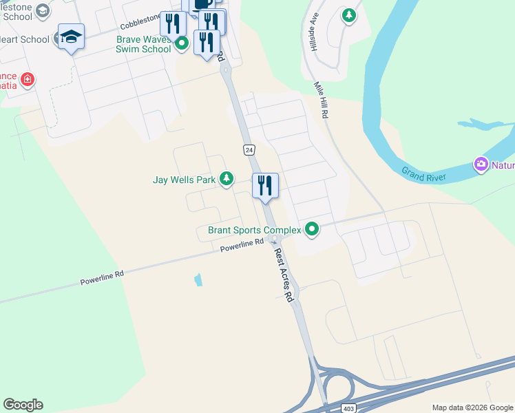 map of restaurants, bars, coffee shops, grocery stores, and more near in Brant
