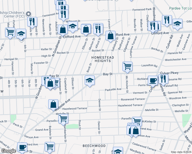 map of restaurants, bars, coffee shops, grocery stores, and more near 9 Pershing Drive in Rochester
