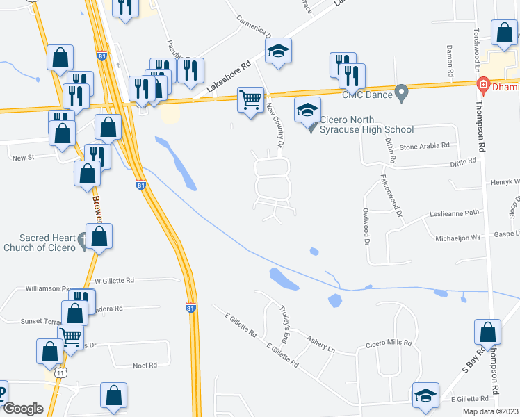 map of restaurants, bars, coffee shops, grocery stores, and more near 8755 New Country Drive in Cicero