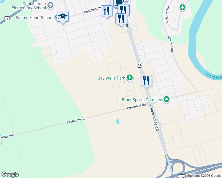 map of restaurants, bars, coffee shops, grocery stores, and more near 52 Scenic Ridge Gate in Brant