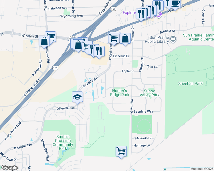 map of restaurants, bars, coffee shops, grocery stores, and more near 889 Hunters Trail in Sun Prairie