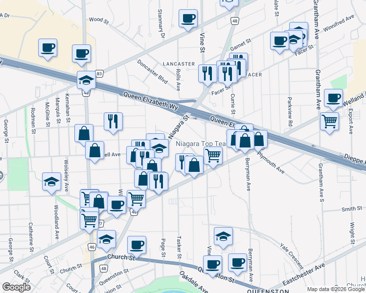 map of restaurants, bars, coffee shops, grocery stores, and more near 18 Manning Street in St. Catharines