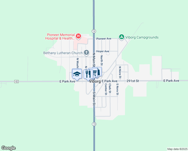 map of restaurants, bars, coffee shops, grocery stores, and more near 119 North Main Street in Viborg