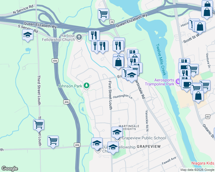 map of restaurants, bars, coffee shops, grocery stores, and more near in St. Catharines