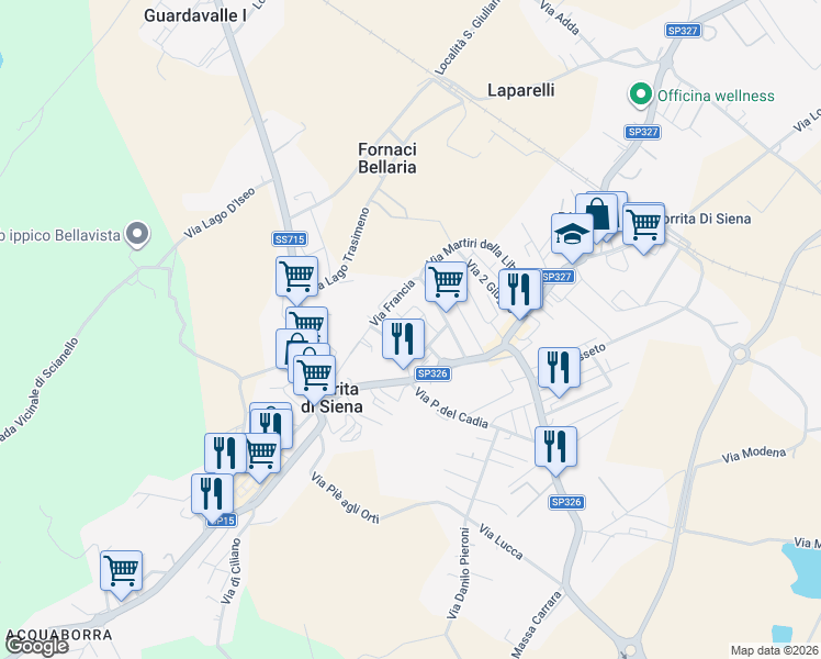 map of restaurants, bars, coffee shops, grocery stores, and more near 16 Via Austria in Torrita di Siena