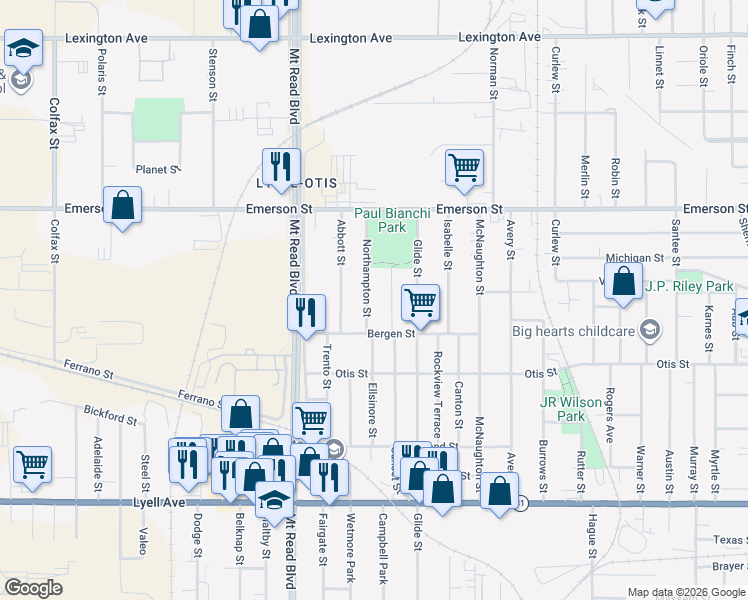 map of restaurants, bars, coffee shops, grocery stores, and more near 73 Northampton Street in Rochester
