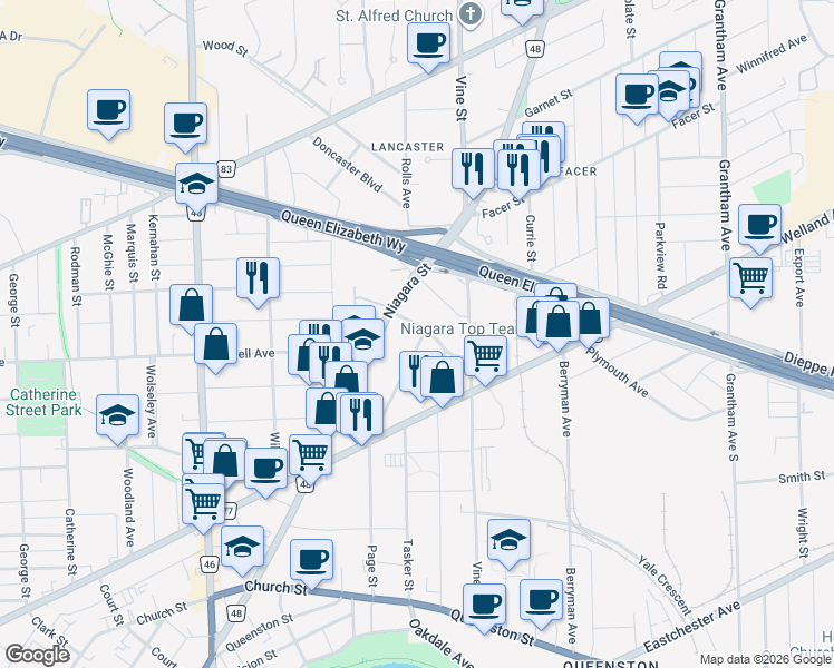 map of restaurants, bars, coffee shops, grocery stores, and more near 18 Manning Street in Saint Catharines