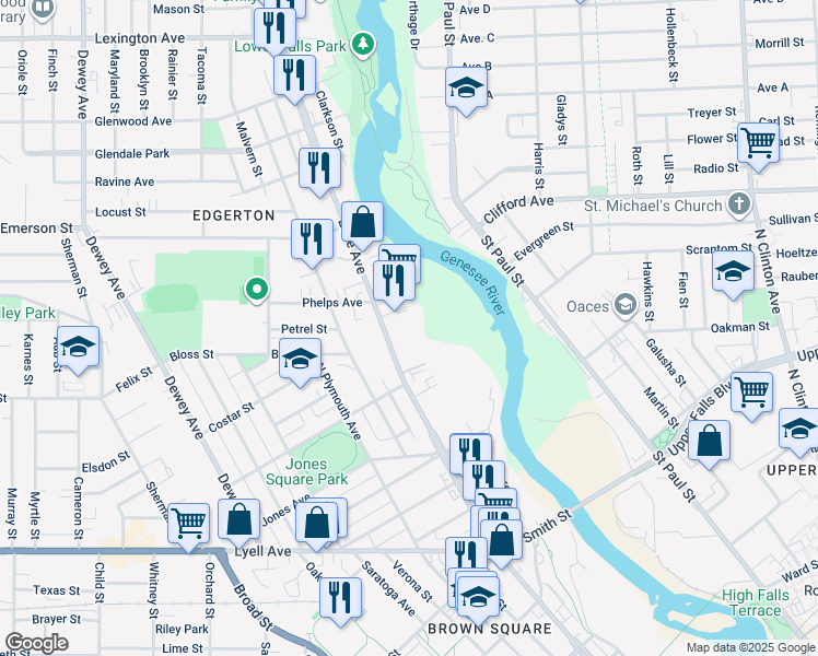 map of restaurants, bars, coffee shops, grocery stores, and more near 358 Lake Avenue in Rochester