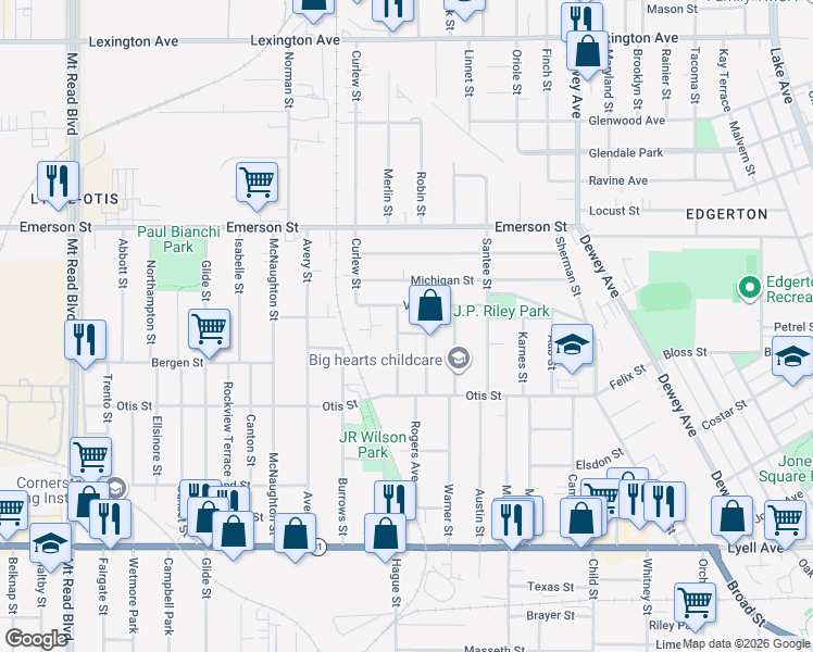 map of restaurants, bars, coffee shops, grocery stores, and more near 99 Villa Street in Rochester