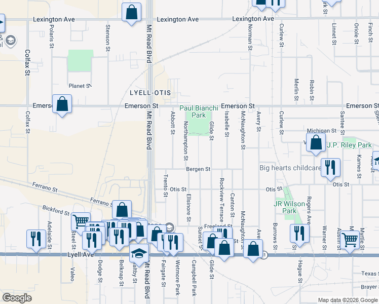 map of restaurants, bars, coffee shops, grocery stores, and more near 73 Northampton Street in Rochester