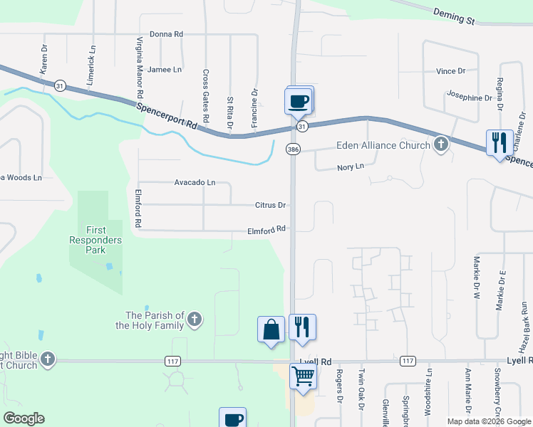 map of restaurants, bars, coffee shops, grocery stores, and more near 12 Citrus Drive in Rochester