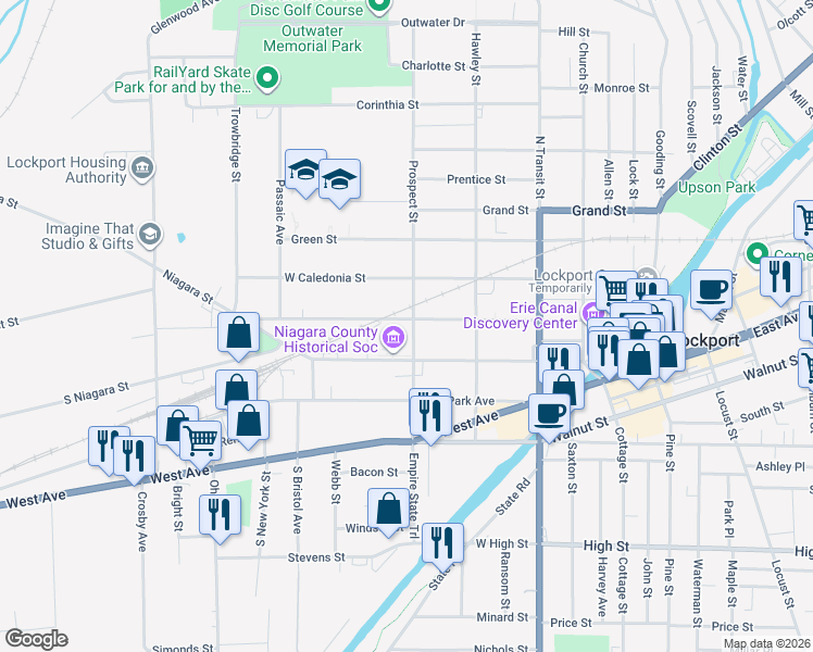 map of restaurants, bars, coffee shops, grocery stores, and more near 275 Prospect Street in Lockport