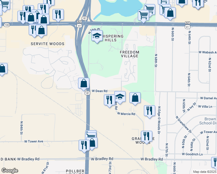 map of restaurants, bars, coffee shops, grocery stores, and more near 7500 West Dean Road in Milwaukee