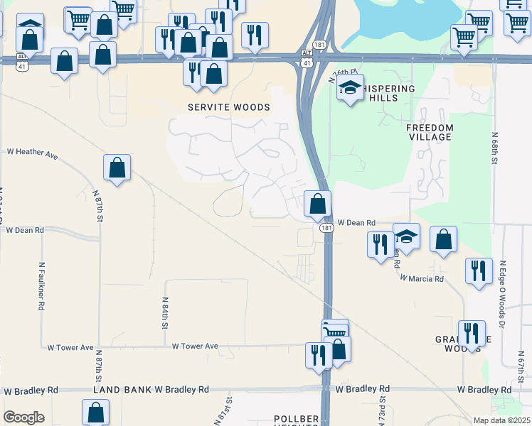 map of restaurants, bars, coffee shops, grocery stores, and more near 8411 North Servite Drive in Milwaukee